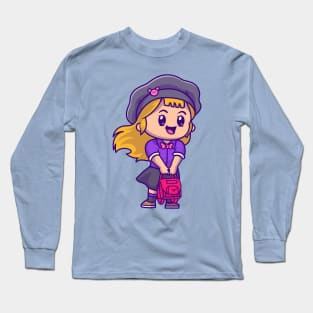 Cute Girl With Bag And Wearing Hat Cartoon Long Sleeve T-Shirt